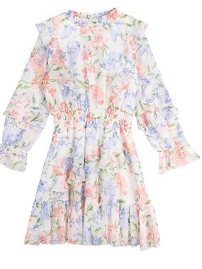 Rare Editions White Floral Ruffle Dress with Pink & Blue Blooms
